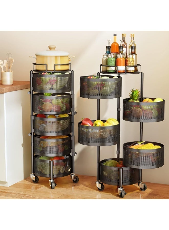 ناما عربة مطبخ 360 توربو بعجلات، منظم مطبخ وحلول تخزين للمنظمات المستديرة وإكسسوارات المطبخ، رف خضار دوار للمطبخ (أسود، ٥ طبقات) - Image 1